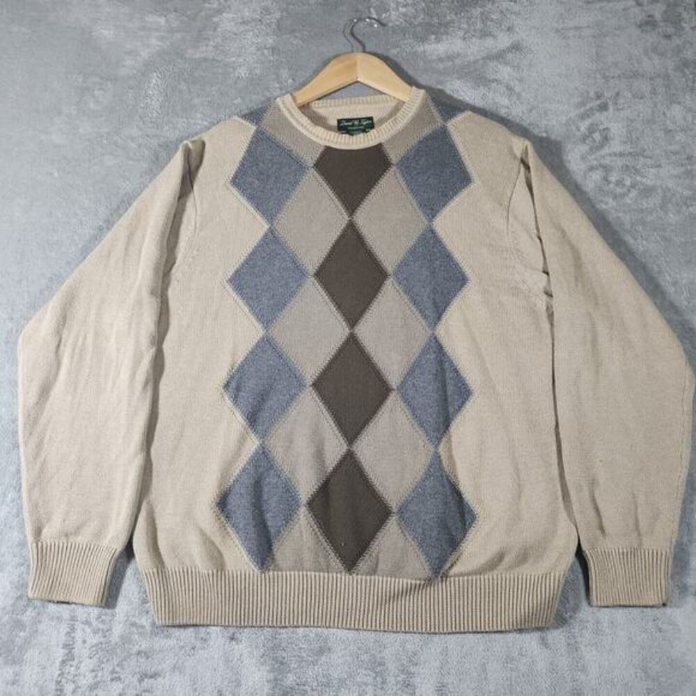 David Taylor Golf‎ Sweater Men's Large Argyle Plaid 100% Cotton Preppy Pullover